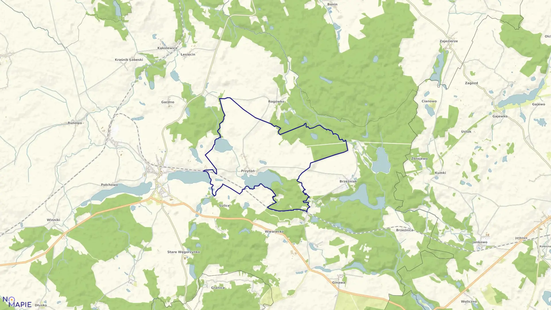 Mapa obrębu Przytoń w gminie Węgorzyno